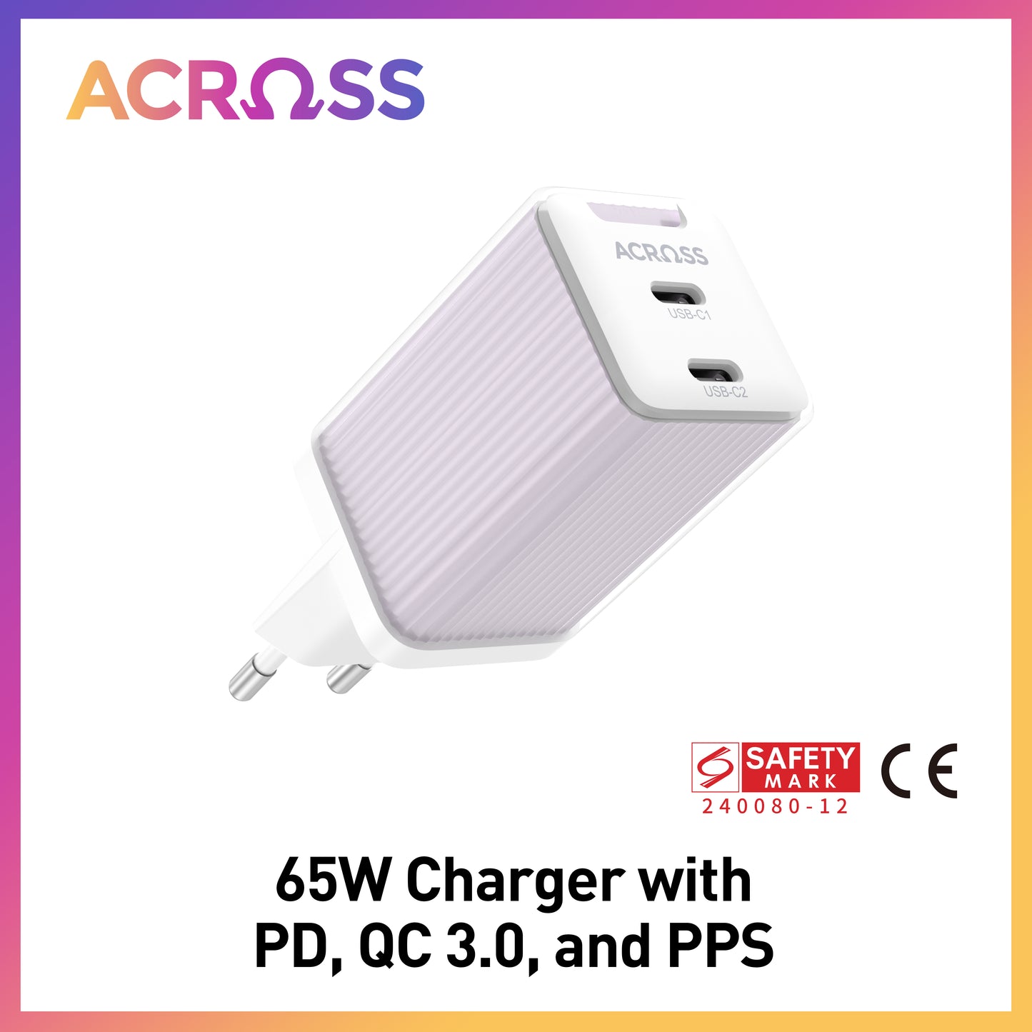 Across SpeedCharge 65W 2-Ports charger with PD, QC 3.0 and PPS - EU Version