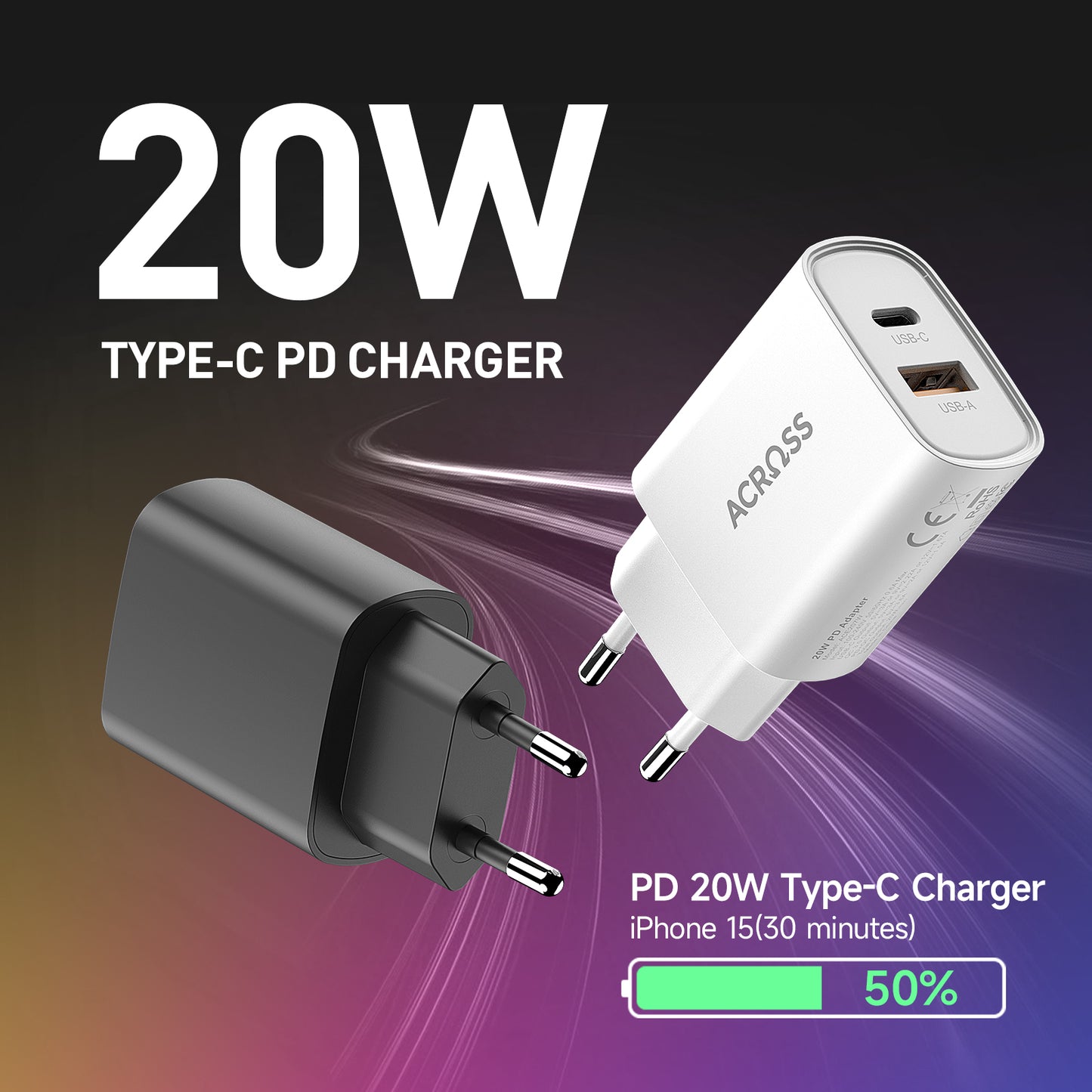 SpeedCharge 20W 2-Ports Charger with PD, QC 3.0 for iPhones, Androids, Tablets, and Nintendo Switch