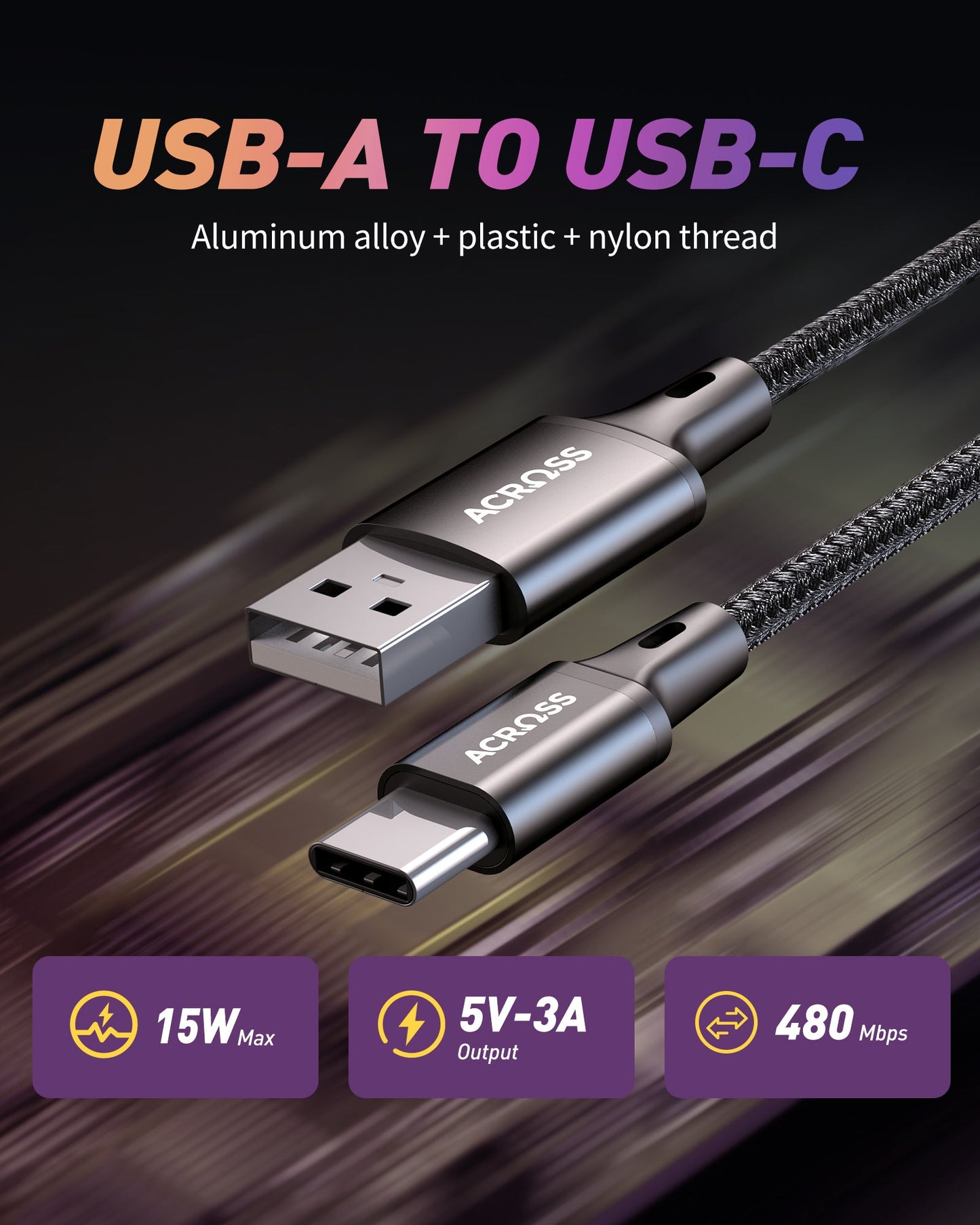 Across CurrentCord 2-packs 1m USB-A to USB-C braided cable with aluminum housing