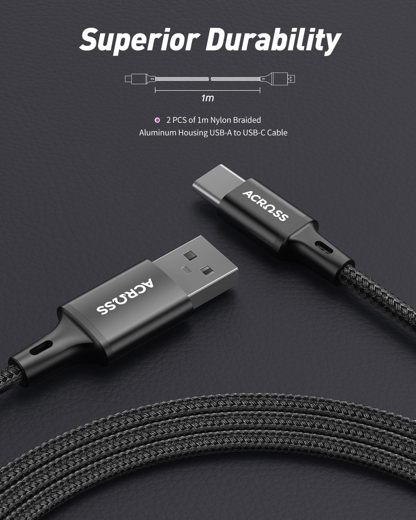 Across CurrentCord 2-packs 1m USB-A to USB-C braided cable with aluminum housing