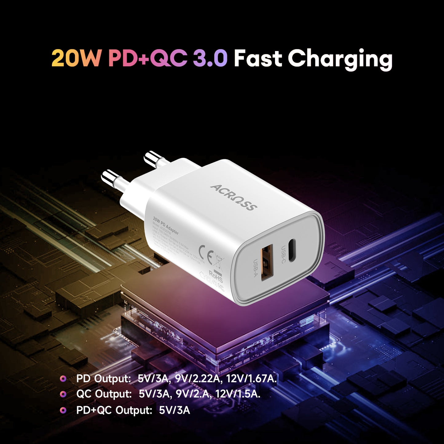 SpeedCharge 20W 2-Ports Charger with PD, QC 3.0 for iPhones, Androids, Tablets, and Nintendo Switch