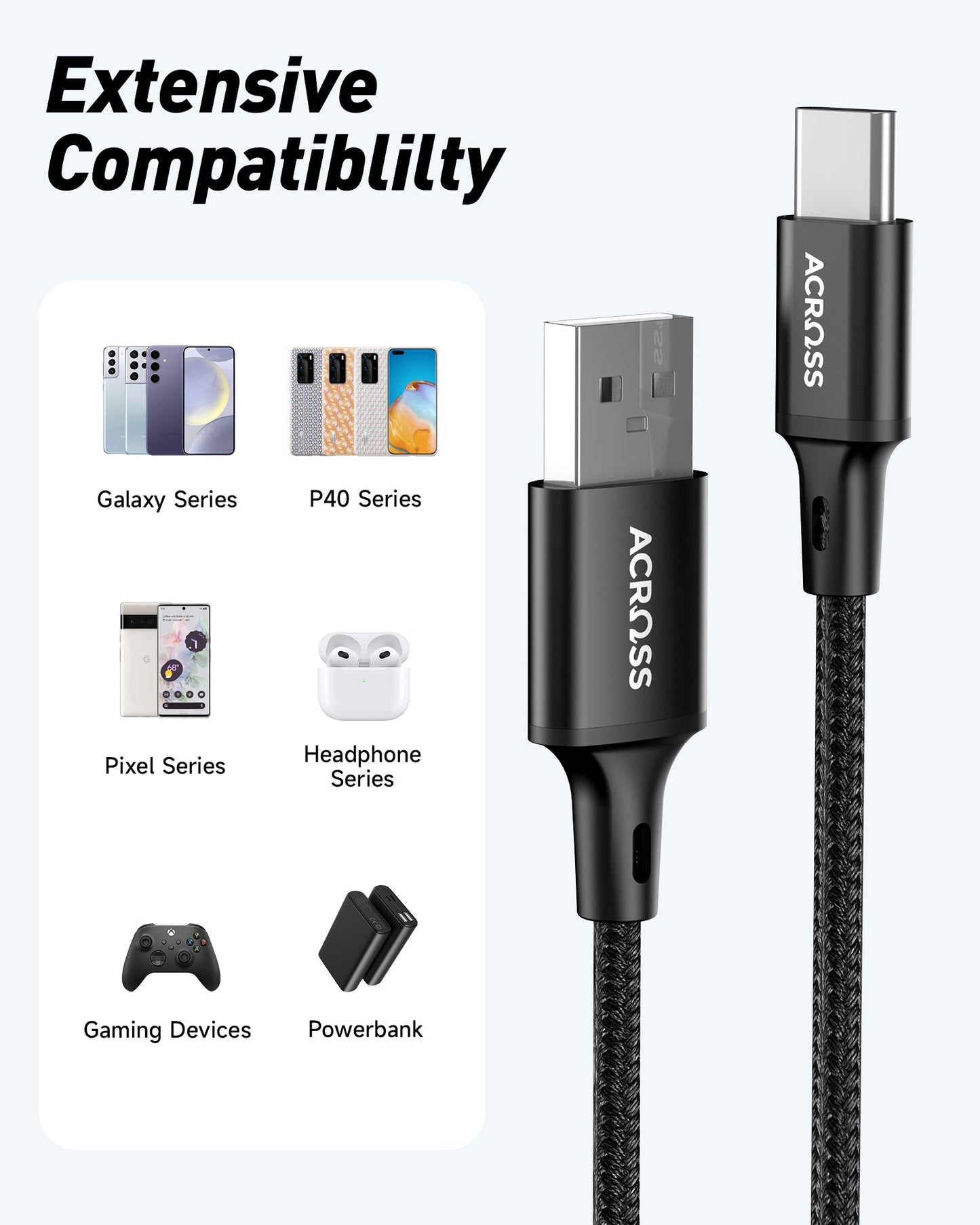 Across CurrentCord 2-packs 1m USB-A to USB-C braided cable with aluminum housing